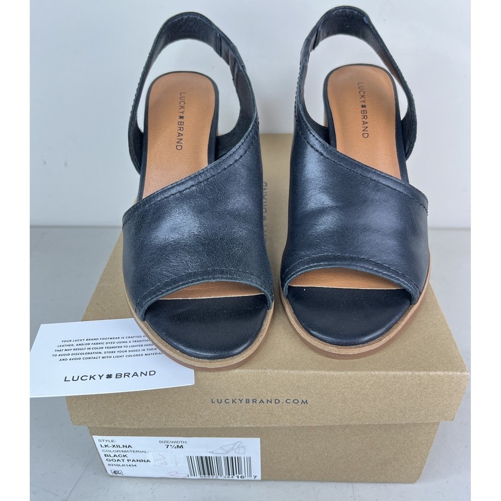 NEW Lucky Black Women Xilna Leather Slip On Slingback Chunky Wood Heel Size 7.5M